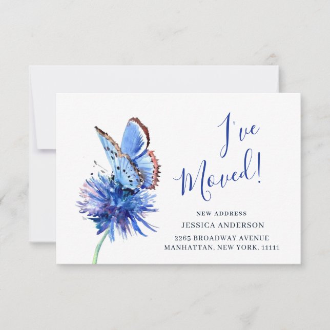 Cute Blue Butterfly Flower Moving Announcement (Front)