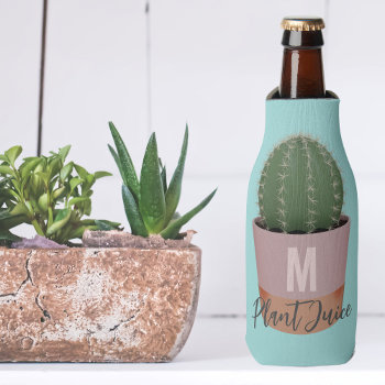 Cute Blue Cactus Plant Juice Monogrammed Bottle Cooler by watermelontree at Zazzle