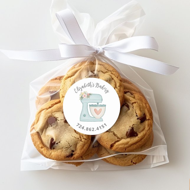 Cute Blue Cake Mixer Baked With Love Classic Round Sticker (Cute blue mixer stickers you can personalize with your name and phone number. )