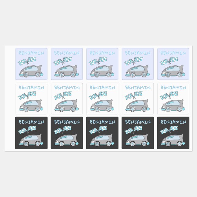 Cute Blue Car and Flag Kid`s Name Kids' Labels (Sheet)