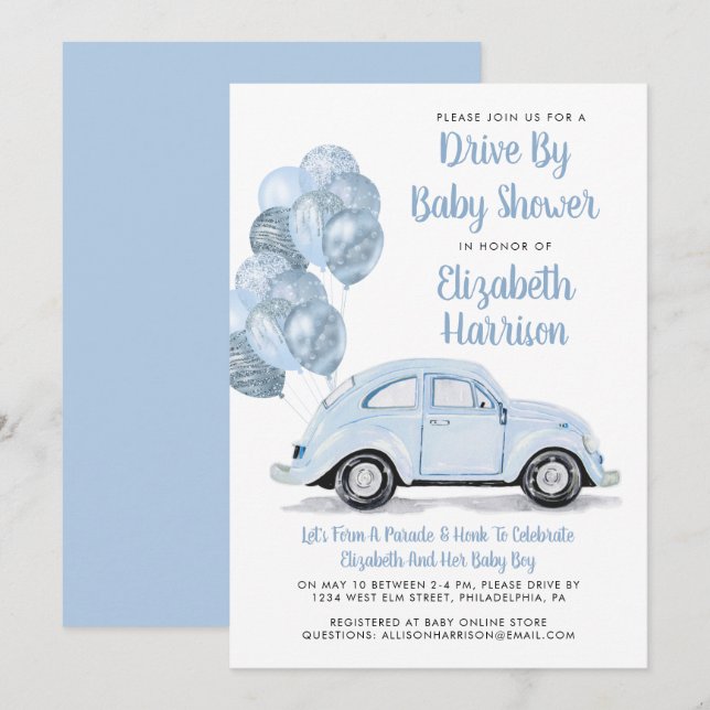 Cute Blue Car Drive By Baby Shower Invitation (Front/Back)