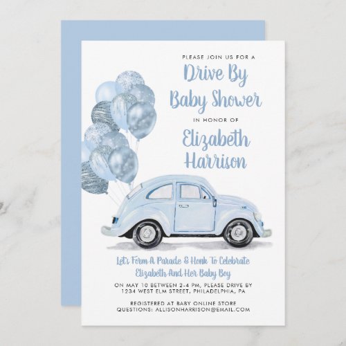 Cute Blue Car Drive By Baby Shower Invitation