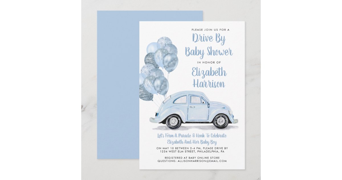 Cute Blue Car Drive By Baby Shower Invitation Zazzle