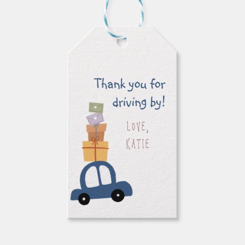 Cute Blue Car with Gifts Drive by Baby Shower  Gift Tags