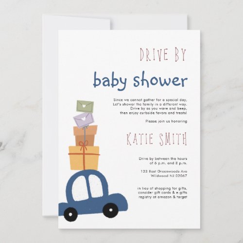 Cute Blue Car with Gifts Drive by Baby Shower Invitation