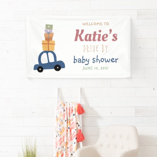 Cute Blue Cars with Gifts Drive by Baby Shower Banner