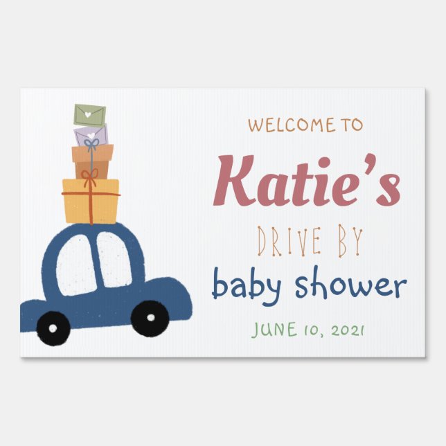 Cute Blue Cars with Gifts Drive by Baby Shower Sign (Front)