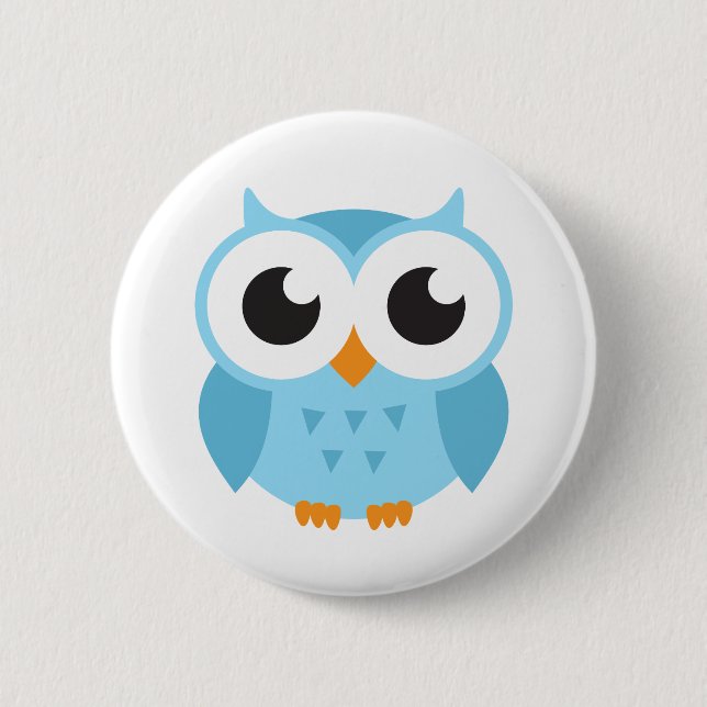 Cute blue cartoon baby owl pinback button (Front)