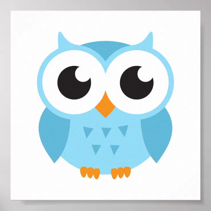 Cute blue cartoon baby owl poster | Zazzle