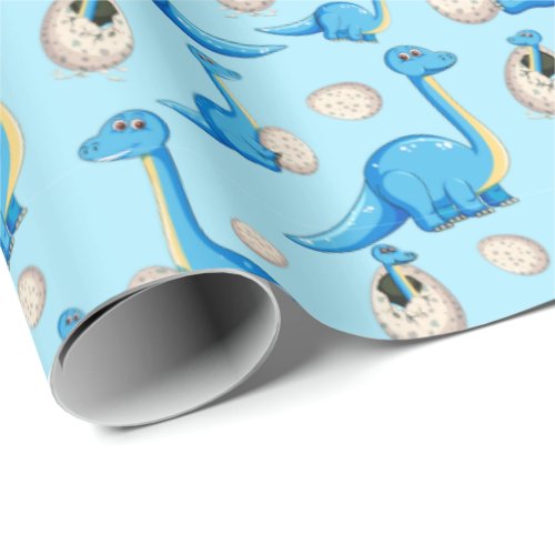 cute blue cartoon dinosaur pattern with baby dino wrapping paper