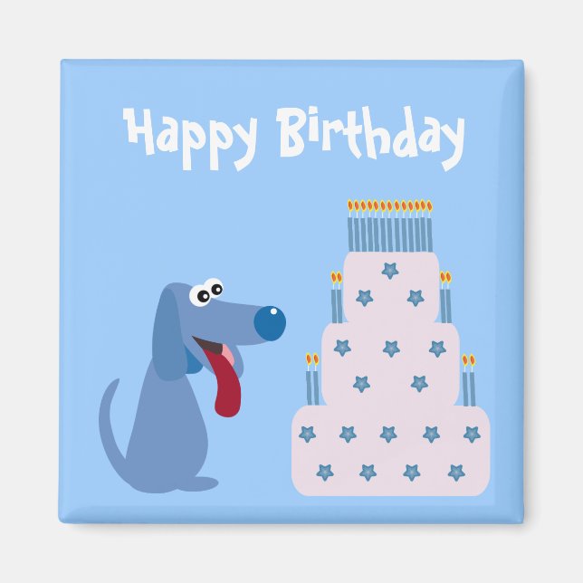 Cute blue cartoon dog & birthday cake magnet (Front)