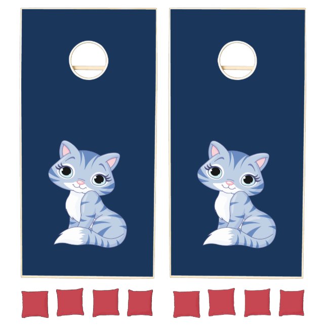 Cute Blue Cartoon Kitty Cat Cornhole Set (Set)