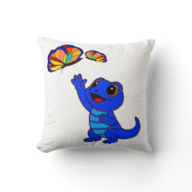 Cute Blue Cartoon Lizard Reaching for Butterflies