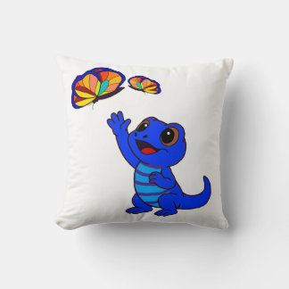 Cute Blue Cartoon Lizard Reaching for Butterflies Throw Pillow