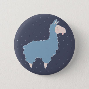 Cute Blue Cartoon Llama & White Dots Pinback Button
