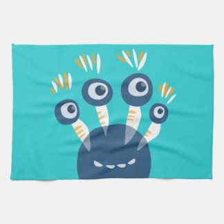Cute Blue Cartoon Monster With Four Eyes Kids Kitchen Towel
