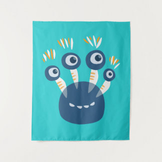 Cute Blue Cartoon Monster With Four Eyes Kids Tapestry
