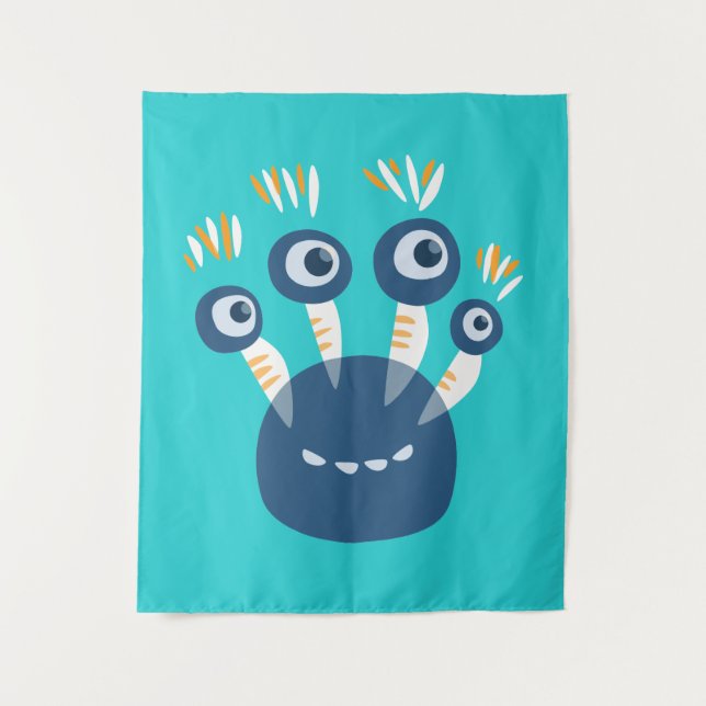Cute Blue Cartoon Monster With Four Eyes Kids Tapestry (Front)