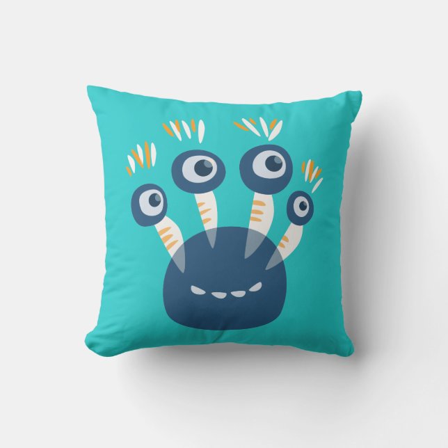Cute Blue Cartoon Monster With Four Eyes Kids Throw Pillow (Front)
