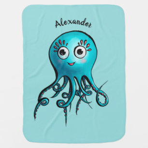 Cute Blue Cartoon Octopus - Smiling Sea Creature Baby Blanket