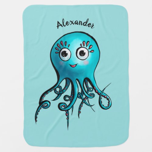 Cute Blue Cartoon Octopus - Smiling Sea Creature Baby Blanket