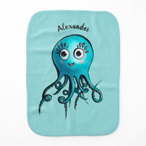 Cute Blue Cartoon Octopus - Smiling Sea Creature Baby Burp Cloth
