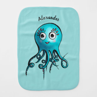 Cute Blue Cartoon Octopus - Smiling Sea Creature Baby Burp Cloth