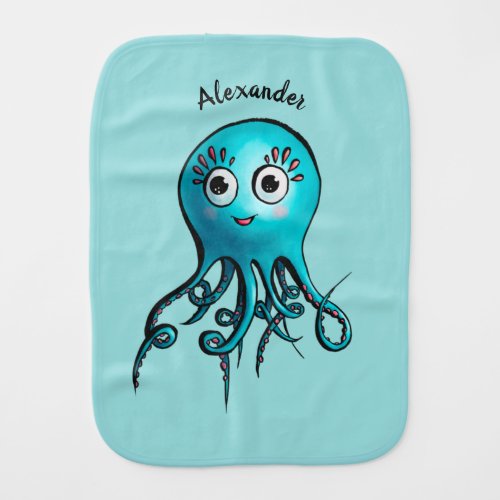 Cute Blue Cartoon Octopus - Smiling Sea Creature Baby Burp Cloth