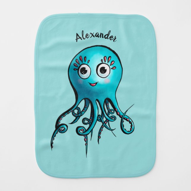 Cute Blue Cartoon Octopus - Smiling Sea Creature Baby Burp Cloth (Front)