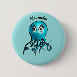 Cute Blue Cartoon Octopus - Smiling Sea Creature Button