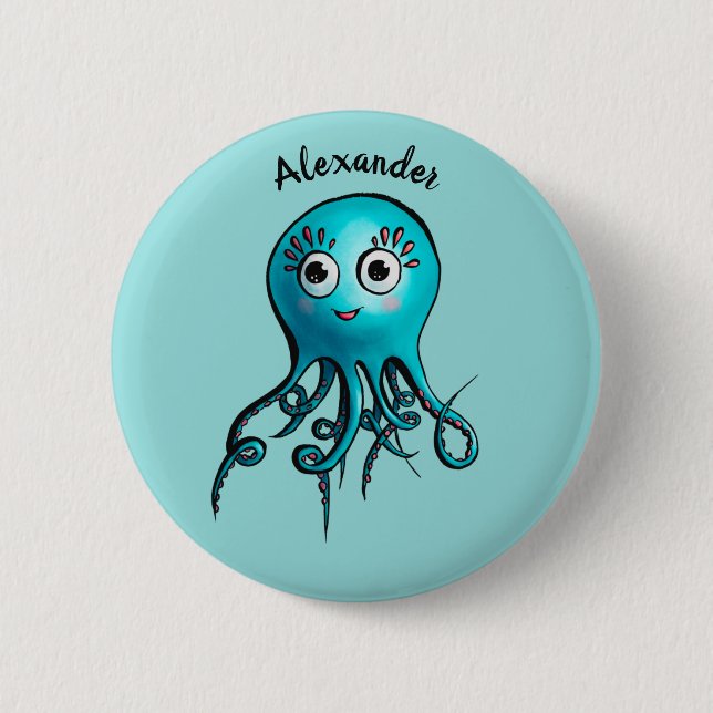Cute Blue Cartoon Octopus - Smiling Sea Creature Button (Front)