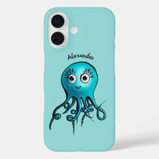 Cute Blue Cartoon Octopus - Smiling Sea Creature iPhone 16 Case