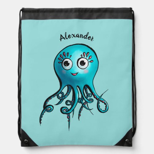 Cute Blue Cartoon Octopus - Smiling Sea Creature Drawstring Bag