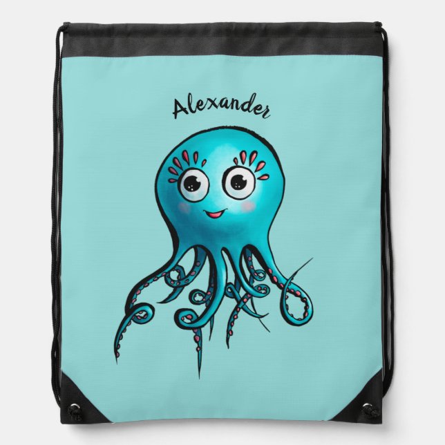 Cute Blue Cartoon Octopus - Smiling Sea Creature Drawstring Bag (Front)