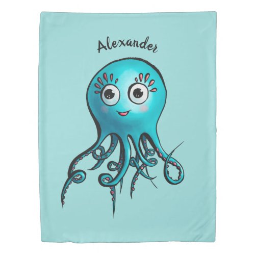 Cute Blue Cartoon Octopus - Smiling Sea Creature Duvet Cover
