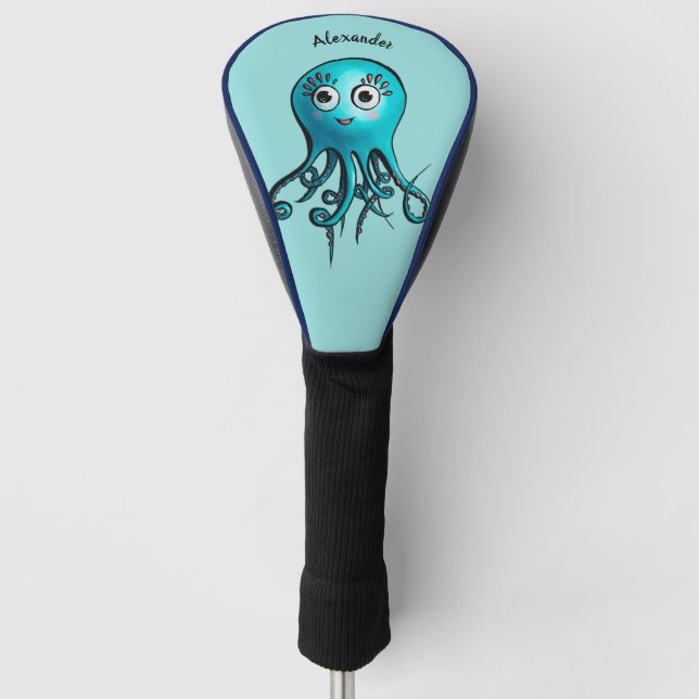 Cute Blue Cartoon Octopus - Smiling Sea Creature Golf Head Cover (Front)