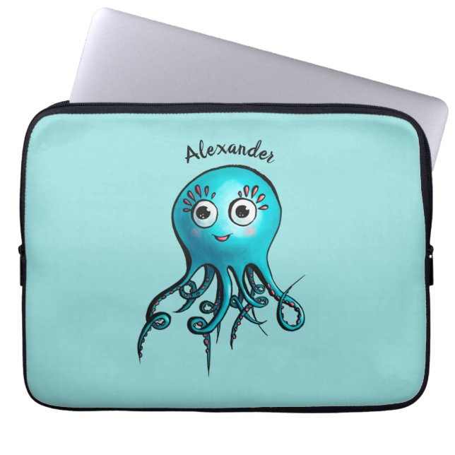 Cute Blue Cartoon Octopus - Smiling Sea Creature Laptop Sleeve (Front)