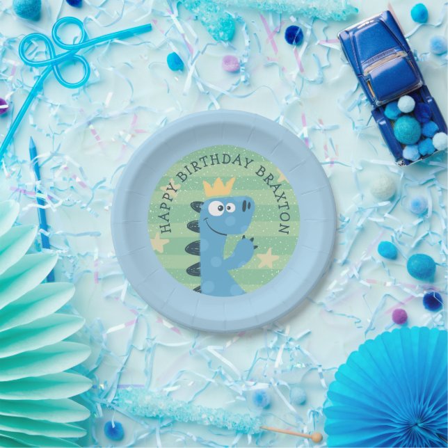 Cute Blue Cartoon T-Rex Child's Birthday Party Paper Plates (Party)