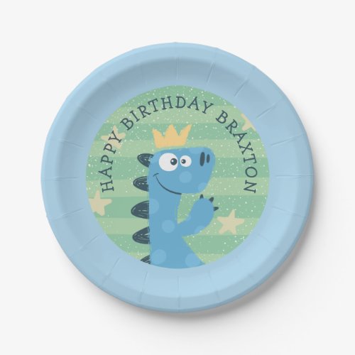 Cute Blue Cartoon T_Rex Childs Birthday Party Paper Plates