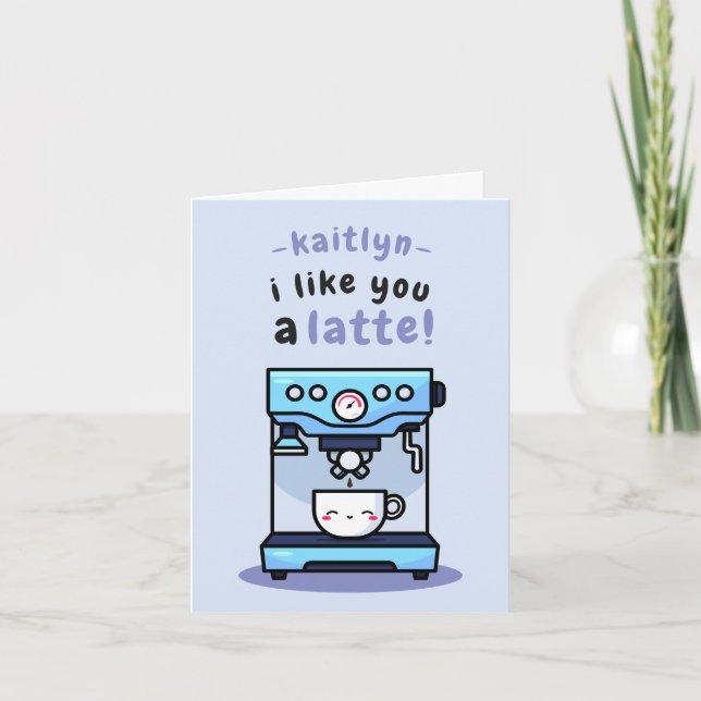 Cute Blue Cartoon Teacup Latte Pun Valentine's Day Card (Front)