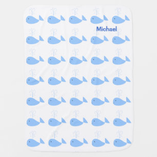 Cute Blue Cartoon Whale and Water Spout Boy Name Swaddle Blanket