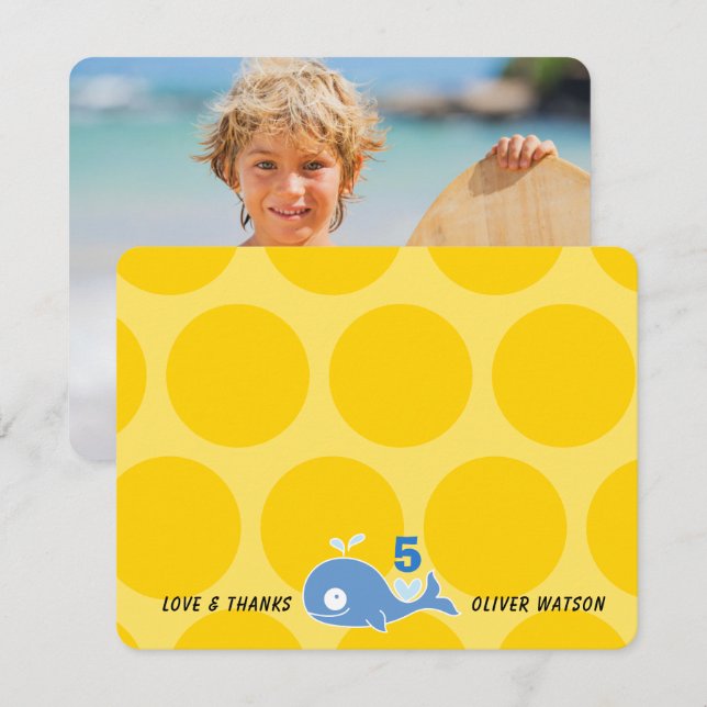 Cute Blue Cartoon Whale Kid's Beach Birthday Photo Thank You Card (Front/Back)