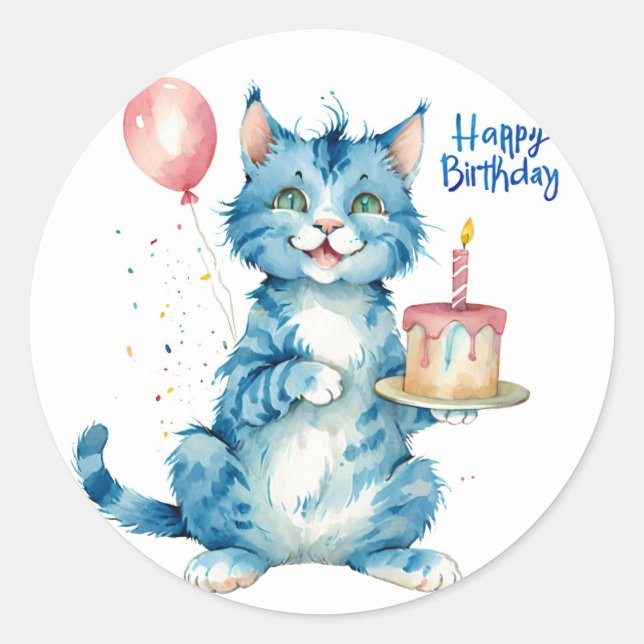 Cute Blue Cat Birthday Cake - Birthday Classic Round Sticker (Front)