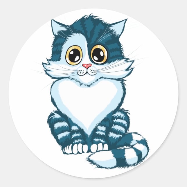 Cute blue cat classic round sticker (Front)