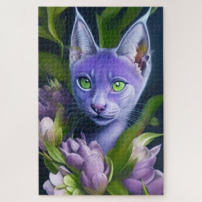 Cute blue cat in purple flowers   jigsaw puzzle (Vertical)
