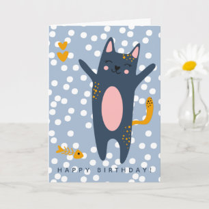 Cute Blue Cat Kids Birthday Card