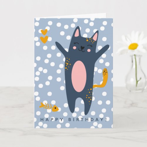 Cute Blue Cat Kids Birthday  Card