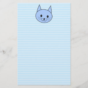 Cute Blue Cat. Light blue stripe background. Stationery