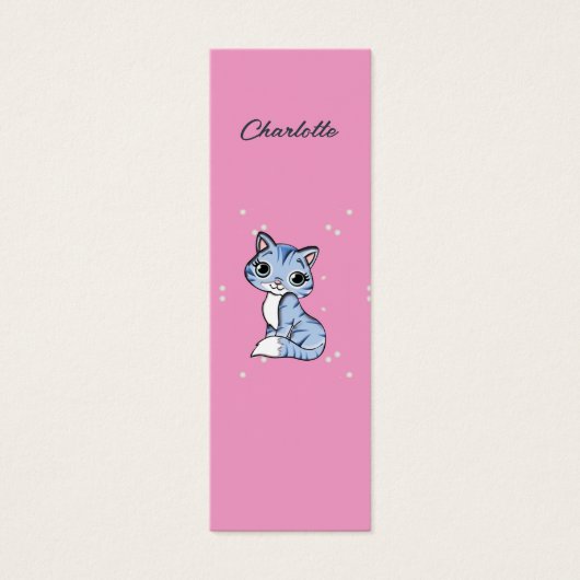 Cute blue cat on pink custom name bookmark (Front)