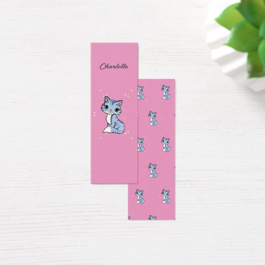 Cute blue cat on pink custom name bookmark (Desk)
